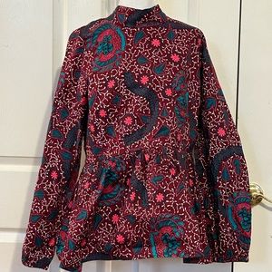 D’IYANU Teal Maroon African Print Wrap Blouse Peplum Top Size XL